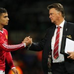 MANCHESTER, ENGLAND - SEPTEMBER 30: Andreas Pereira of Manchester United and Louis van Gaal the head coach / manager of Manchester United during the UEFA Champions League match between Manchester United and Wolfsburg at Old Trafford on September 30, 2015 in Manchester, United Kingdom. (Photo by Matthew Ashton - AMA/Getty Images)