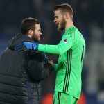 LEICESTER, ENGLAND - FEBRUARY 05: Juan Mata of Manchester United and Manchester United goalkeeper David de Gea after the Premier League match between Leicester City and Manchester United at The King Power Stadium on February 5, 2017 in Leicester, England. (Photo by Catherine Ivill - AMA/Getty Images)