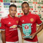 MANCHESTER, ENGLAND - SEPTEMBER 20:  Jesse Lingard presents Anthony Martial of Manchester United with the Man of the Match award after the Carabao Cup Third Round match between Manchester United and Burton Albion at Old Trafford on September 20, 2017 in Manchester, England.  (Photo by John Peters/Man Utd via Getty Images)